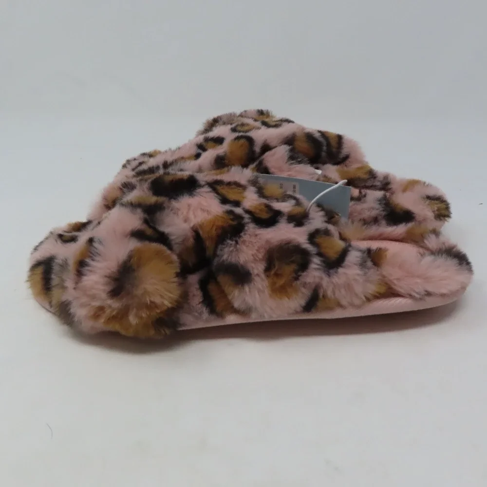 Cat & Jack‎ Girls Pink Leopard Faux Fur Criss Cross Slippers Medium 2/3 Brooklyn